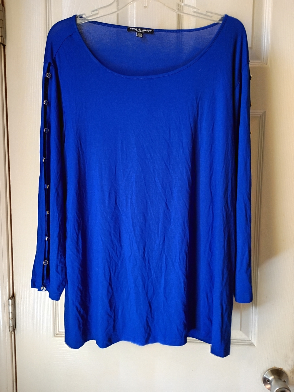 Cable & Gauge Royal Blue Long Sleeve Scoop Neck Top with Button-Trim Sleeves